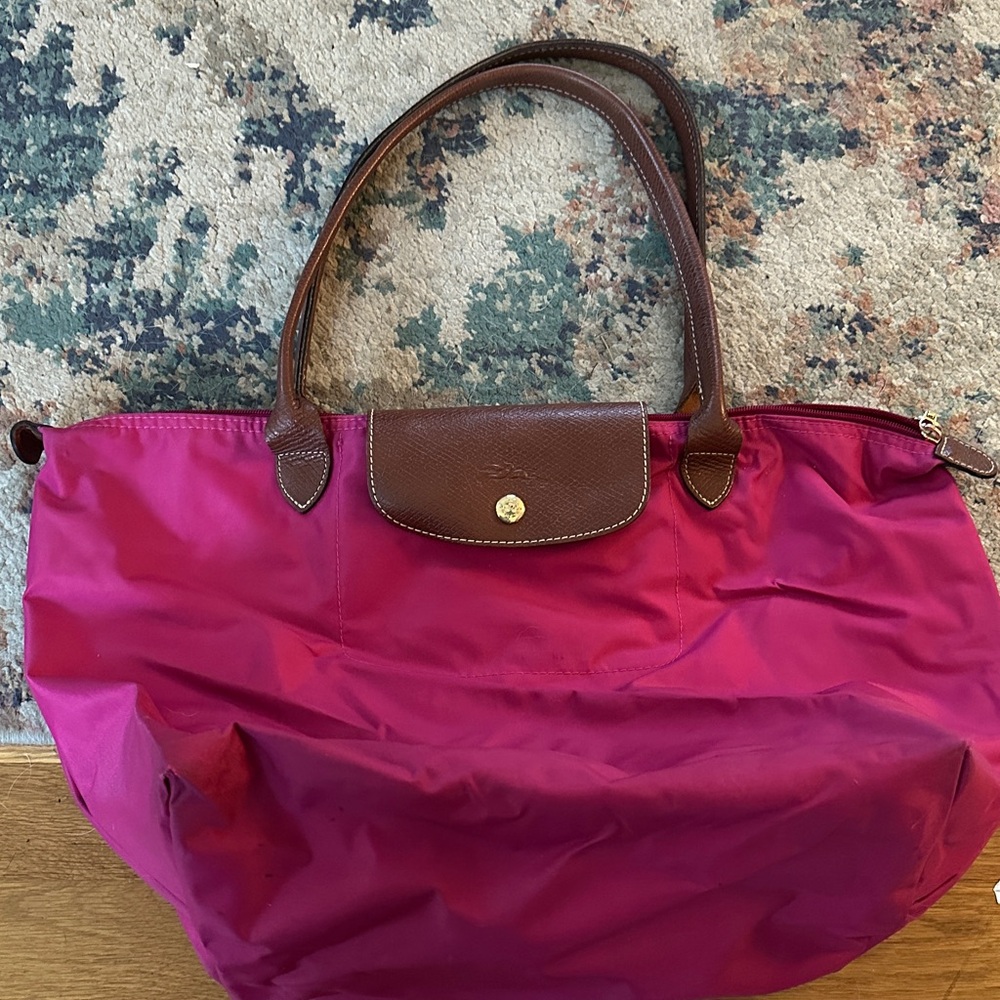Longchamp Magenta Tote with Brown Trim